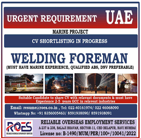 UAE Marine Project Welding Foreman Jobs Available