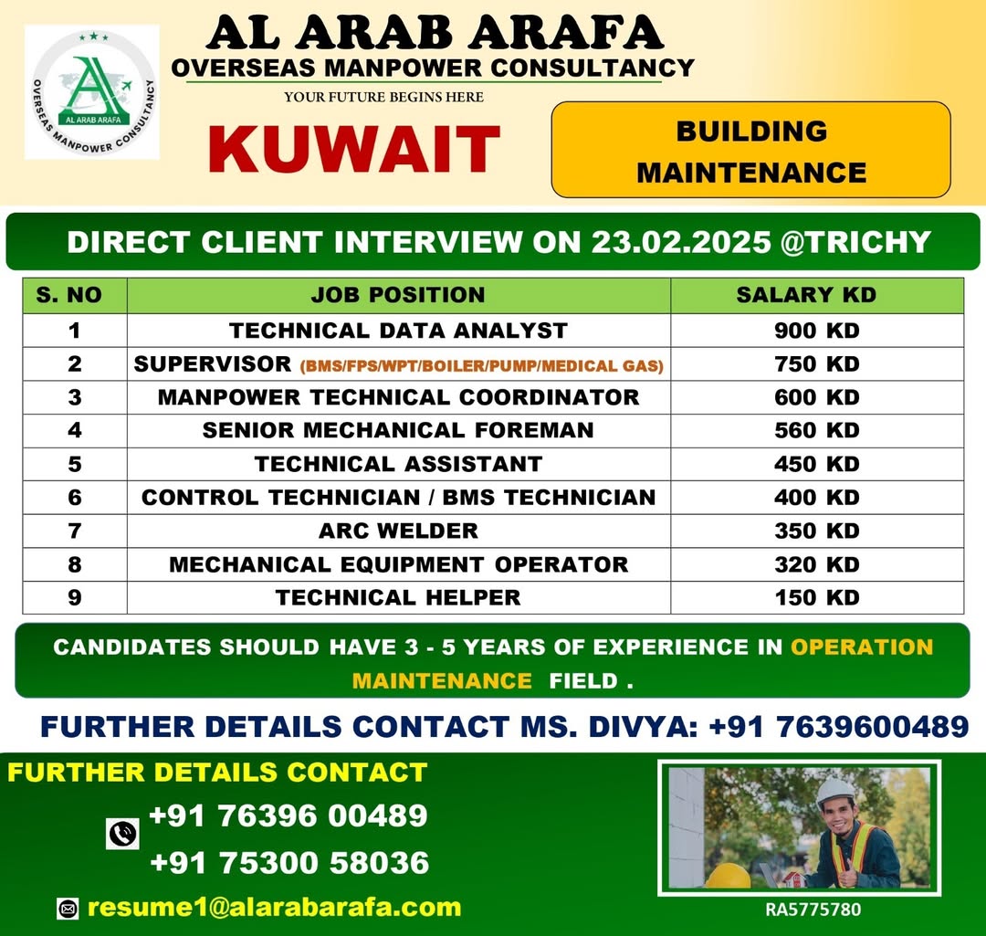 Job openings in Kuwait with Al Arab Arafa Kuwait. Apply now for technical and maintenance roles. Direct interview in Trichy on 23.02.2025
