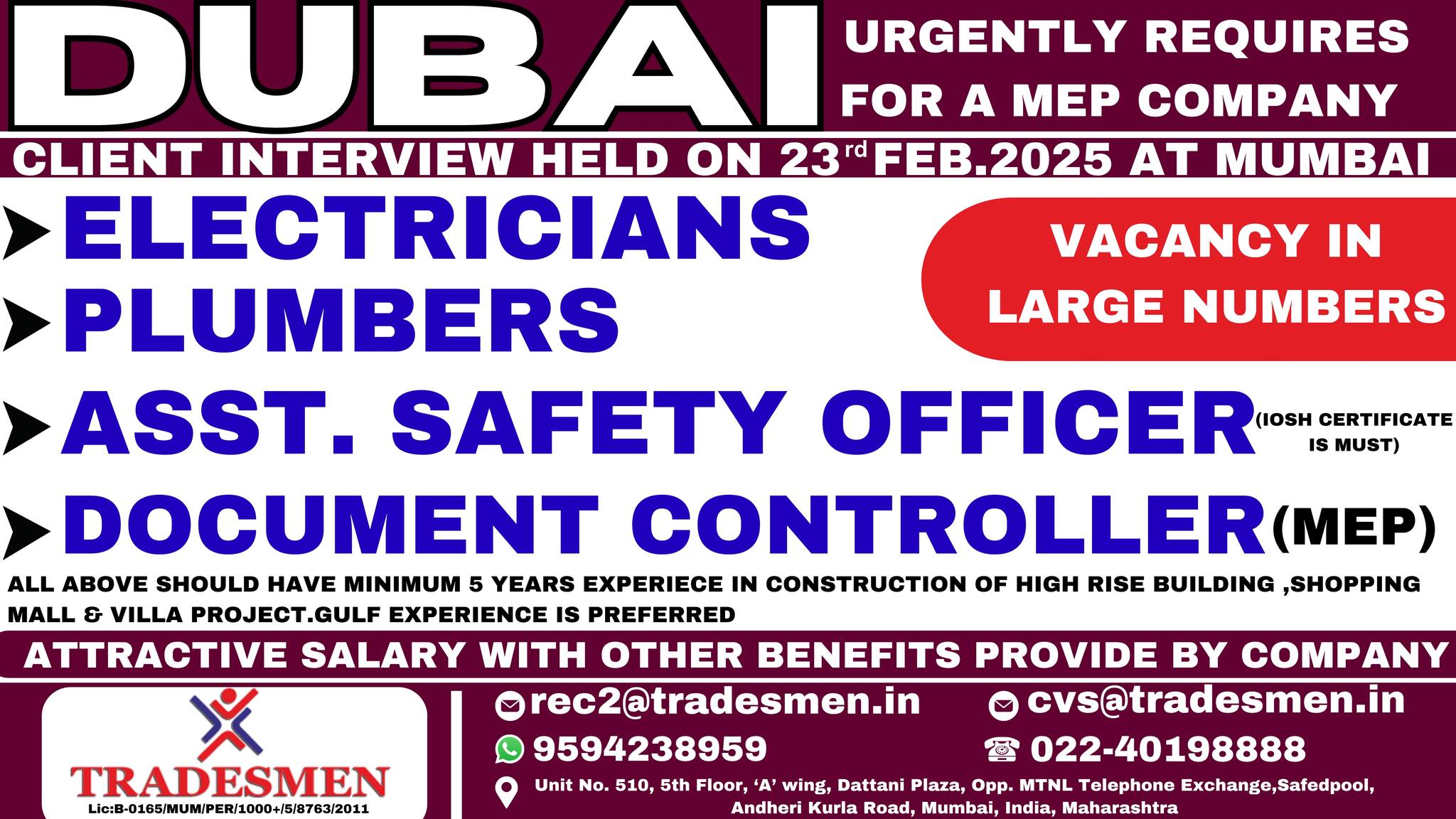 Electrician, plumber, and safety officer jobs in Dubai